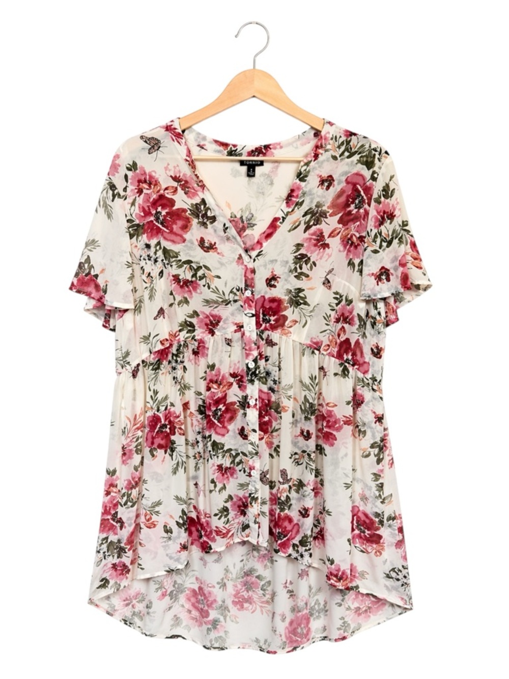 Womens Sheer Butterfly Floral Ethereal Flowy High Low Top 1X Feminine Long